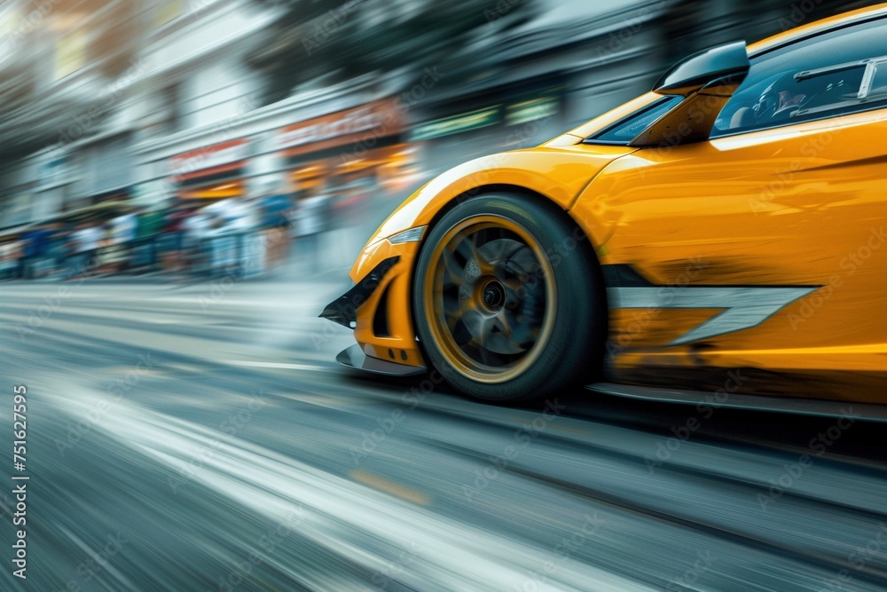 Witness the intensity of a race car in motion, as it zooms along the track, ready to be featured in a high-octane poster design that encapsulates the essence of speed and motion