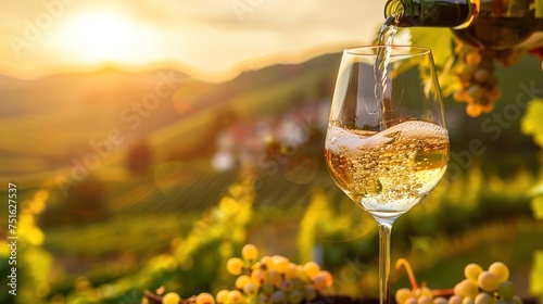 Glass Of Wine With Grapes And Barrel On A Sunny Background. Italy Tuscany Region Banner