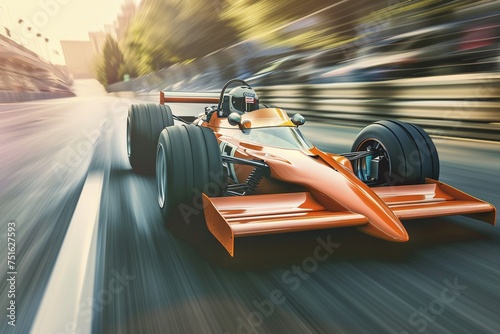 Witness the intensity of a race car in motion, as it zooms along the track, ready to be featured in a high-octane poster design that encapsulates the essence of speed and motion photo
