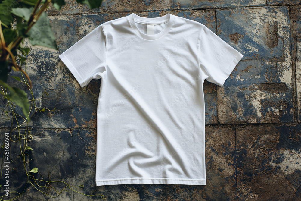 blank white t-shirt with copyspace on rustic background blank white t-shirt with copyspace on rustic background