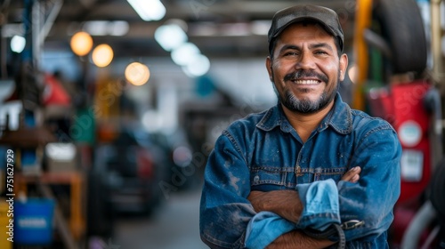 Smiling Mechanic in Multi-Cultural Auto Shop