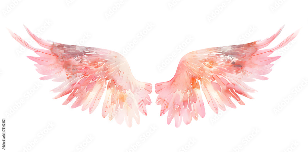 Soft pastel detailed pink angel wings in watercolor style isolated on transparent background Soft pastel detailed pink angel wings in watercolor style isolated on transparent background