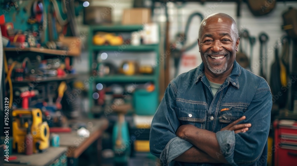 Smiling Black Mechanic: Portrait of Joy and Mastery in Workshop, Socially Engaged Grandparentcore Senior Mechanic's Workshop Pride Smiling Black Mechanic: Portrait of Joy and Mastery in Workshop, Socially Engaged Grandparentcore Senior Mechanic's Workshop Pride
