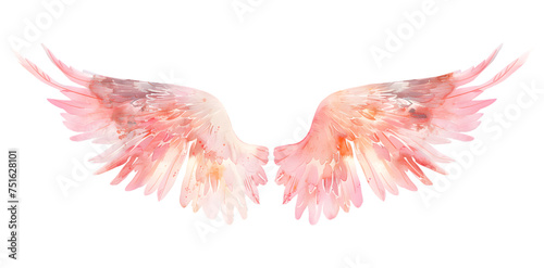 Soft pastel detailed pink angel wings in watercolor style isolated on transparent background