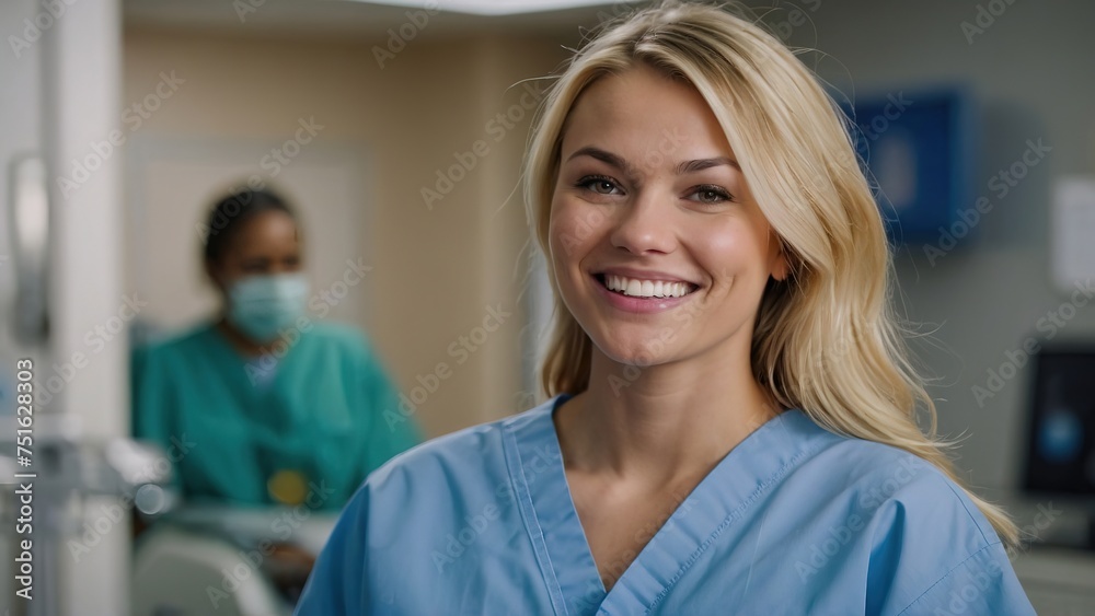 Fototapeta premium Portrait of a blonde woman dental student in hospital wearing scrub