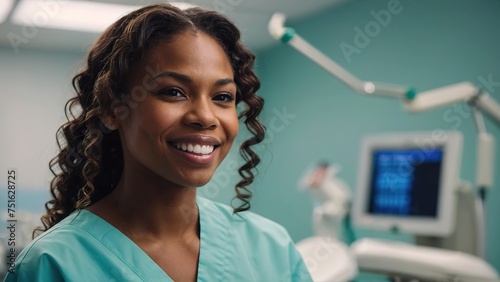 Portrait of a black woman dental student in hospital wearing scrub