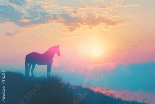 a silhouette of a horse standing on a hilltop against the backdrop of a breathtaking sunrise, a symbol of new beginnings. Place for text