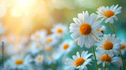 Bright Daisy Flowers in Full Bloom with a Soft Focus Background in a Sunlit Field