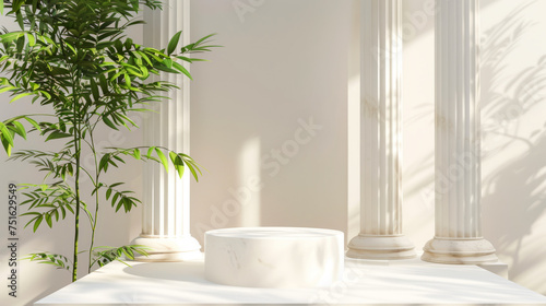Elegant White Podium with Greek Columns Amidst Lush Greenery for Luxurious Product Display © thanakrit
