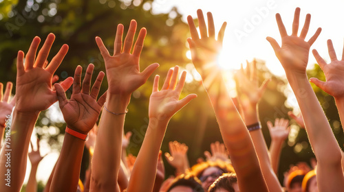 Uplifting scene of raised hands from a diverse crowd reaching towards the sunlight, unity and joy