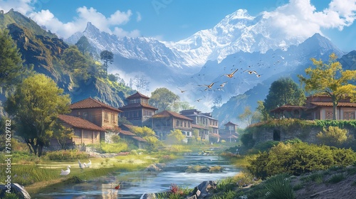 Revel in the serenity of streams winding through picturesque mountain villages, their beauty enhanced by the graceful presence of birds soaring in the clear blue sky.