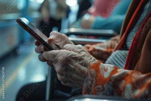 Close-up of an elderly person's hands using a smartphone, with a patterned sleeve. Hospital queue