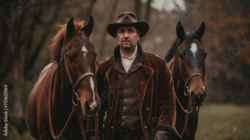 Portrait of a 40-year-old man leading two horses under the bridle