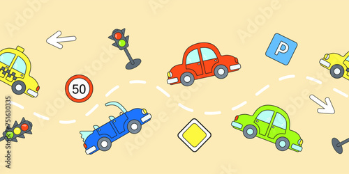 Seamless border with cartoon colored cars  traffic lights  road signs on a beige background. Vector illustration for wallpaper  print  fabrics.