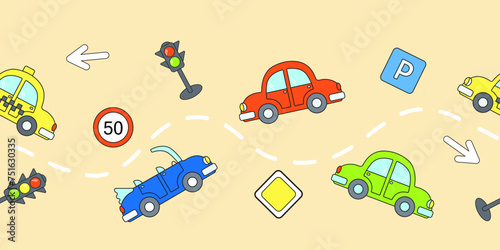 Seamless border with cartoon colored cars, traffic lights, road signs on a beige background. Vector illustration for wallpaper, print, fabrics.