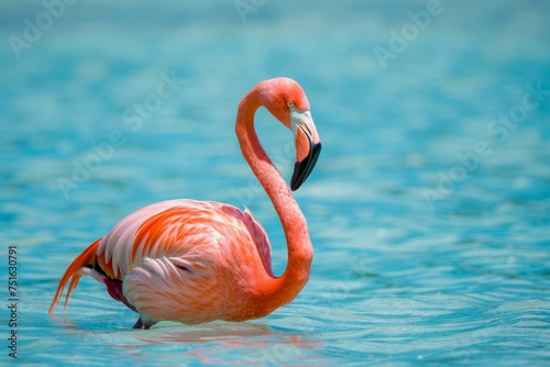 A flamingo in a shallow lagoon  its pink feathers a stark contrast against the blue water  gracefully foraging for food --style raw