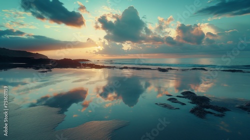 Rippling tide pools reflecting the mesmerizing hues of the midday sky on a tranquil beach.
