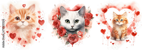 Watercolor cats clipart with hearts and flowers
