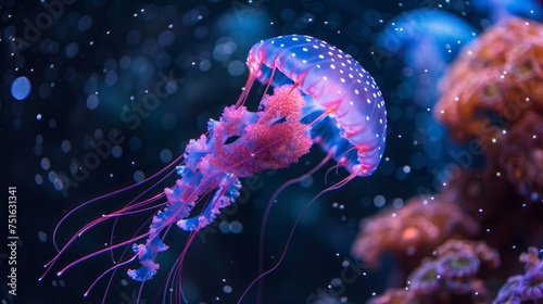 jellyfish with neon glow underwater.