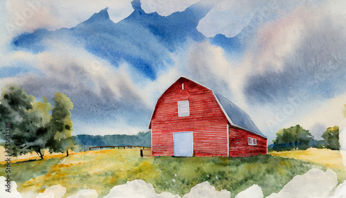 Watercolor painting of wooden red bard and cloudy sky. Rural scenery. Natural landscape.