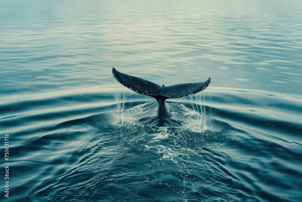 Fototapeta premium Humpback whale's tail fin, known as a fluke, above ocean surface with tropical coastline in the background.