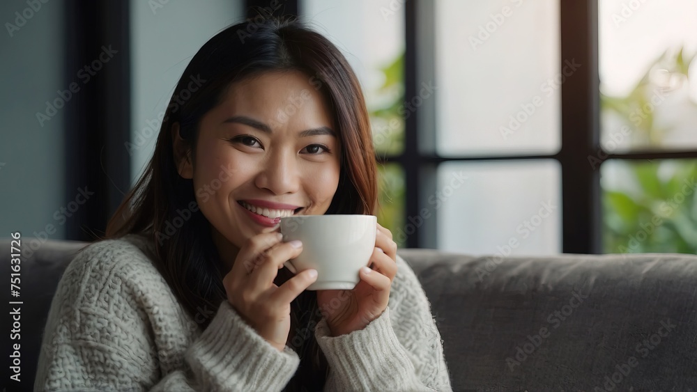 Asian woman drinking coffee sitting on sofa at home Asian woman drinking coffee sitting on sofa at home