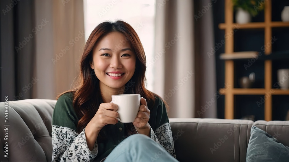 Asian woman drinking coffee sitting on sofa at home Asian woman drinking coffee sitting on sofa at home