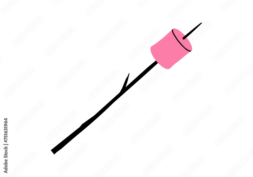 Hand drawn cute cartoon illustration of marshmallow on wooden stick. Flat vector outdoor fire roasted sweet food sticker in colored doodle style. Campfire candy snack icon or print. Isolated. Hand drawn cute cartoon illustration of marshmallow on wooden stick. Flat vector outdoor fire roasted sweet food sticker in colored doodle style. Campfire candy snack icon or print. Isolated.