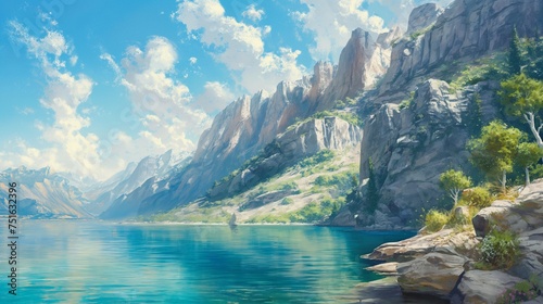 Rocky cliffs overlooking a tranquil lake, with the grandeur of a mountain range beneath a pristine blue sky.
