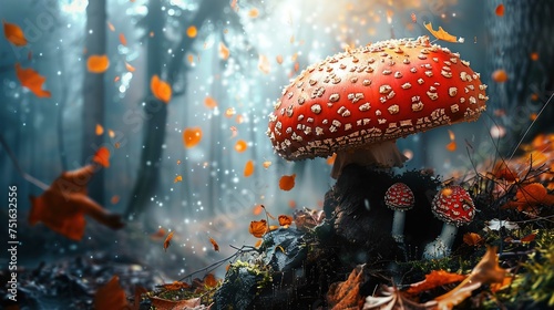 A large red mushroom with white spots, likely an Amanita muscaria, stands prominently in the foreground of a mystical forest setting. Its cap, dotted with white speckles, contrasts sharply against the