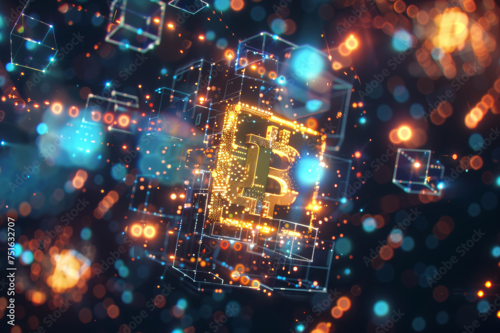 Golden Bitcoin Symbol Surrounded by Dynamic Lights Golden Bitcoin Symbol Surrounded by Dynamic Lights