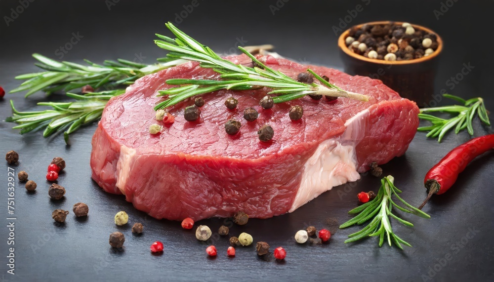 Raw beef steak with rosemary and peppercorns on white background 
