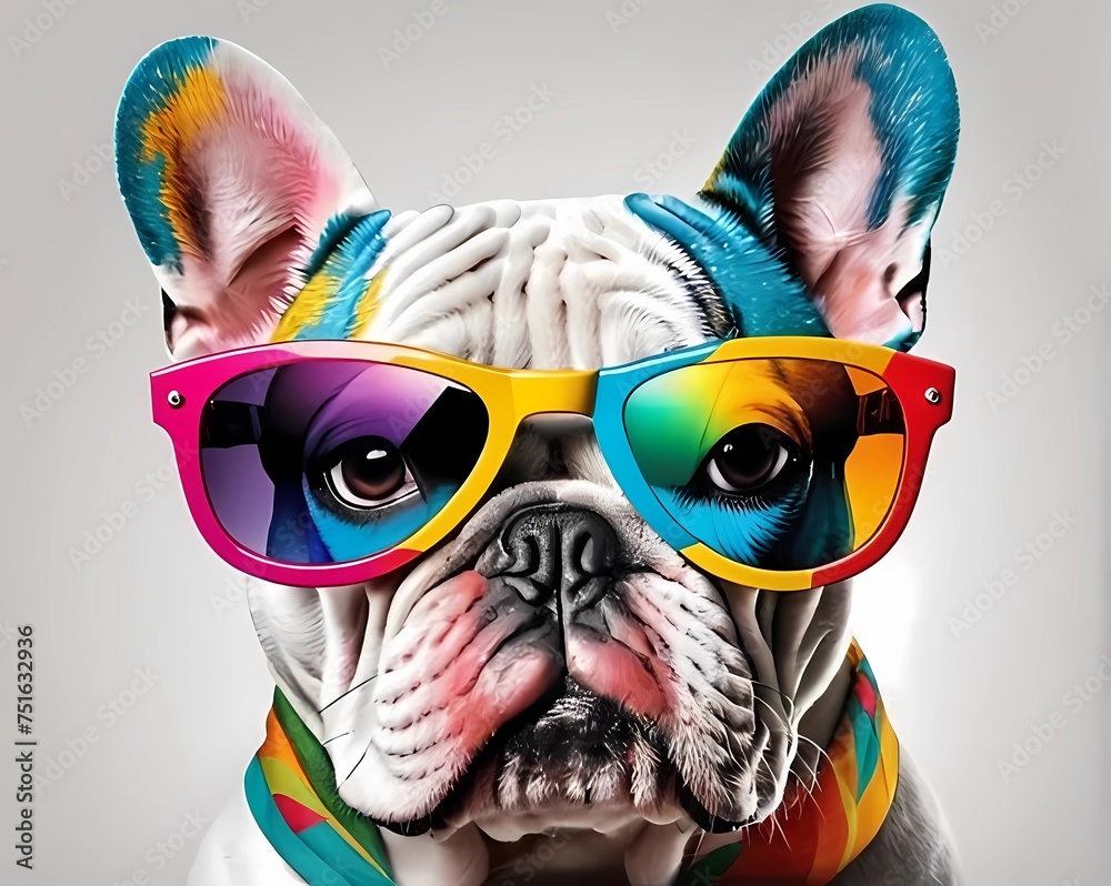 Cartoon colorful dog with sunglasses on white background. Bulldog. Created with generative ai
