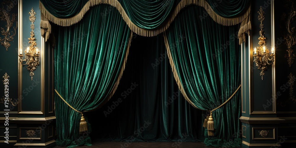 Velvet emerald curtains tied back with gold trim opening to reveal stylish dark interior - obrazy, fototapety, plakaty 