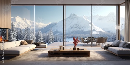 Elegant modern living room interior with large windows showcasing a snowy mountain landscape view photo