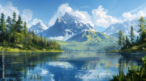 Rocky mountain peak mirrored in a glassy lake, surrounded by lush greenery, beneath a flawless azure sky.