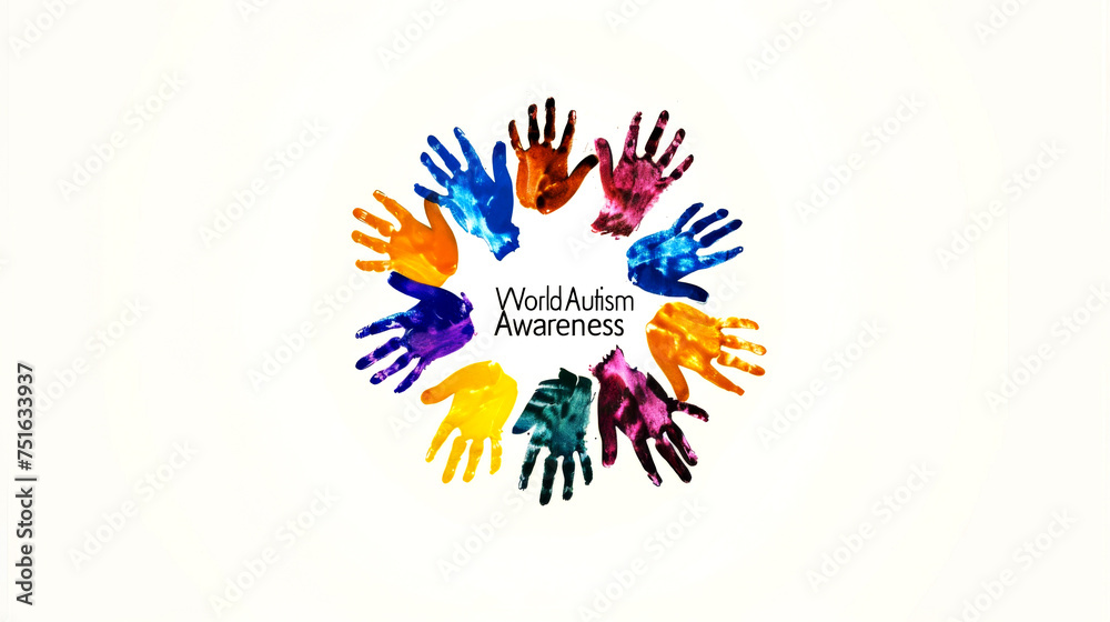 Obraz premium Handprints forming a circle with 'World Autism Awareness' text