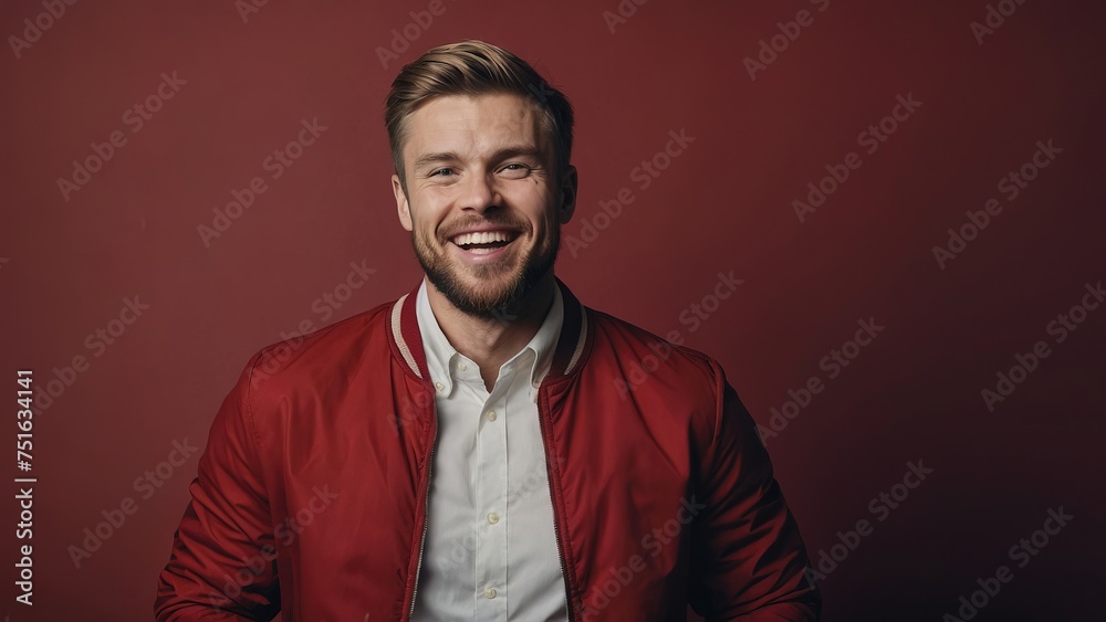 Fototapeta premium Western man dressed stylish clothes celebrate success raise hands fists isolated on red color background