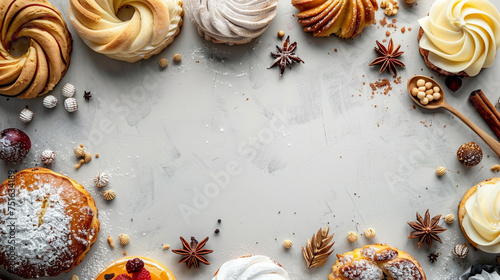 Modern pastry background concept with empty space. Minimalist style. 