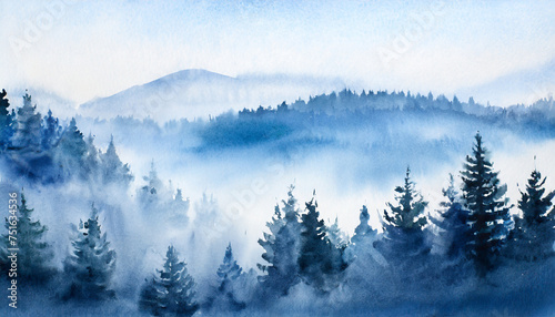Abstract watercolor painting of scenery with foggy forest in blue tones. Natural landscape.