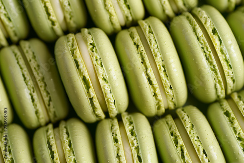 Close-up of green macarons in rows, fitting for culinary and gourmet themes.