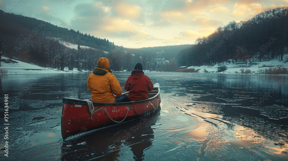 Pair canoeing on almost frozen lake on winter (Belis lake, Transylvania, Romania). - obrazy, fototapety, plakaty 