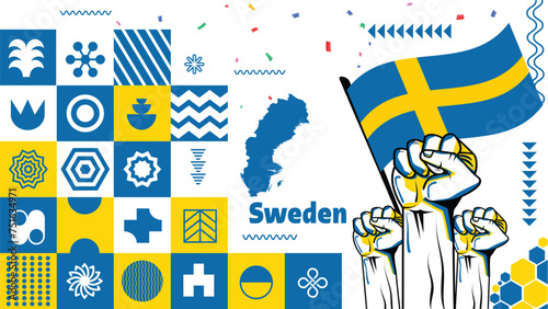 Sweden national day banner with geometric retro icons and Swedish flag map color scheme. Landmarks like Riddarholmen church, city hall Stockholm in background. 6 June celebration. Blue Yellow. Vector