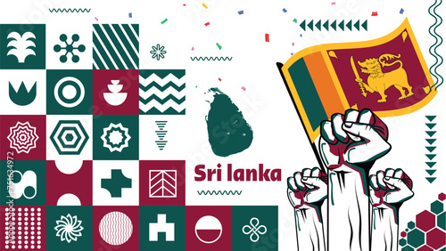 Sri lanka national day banner for independence day of srilanka. Abstract geometric banner for the national day of sri lanka in shapes of srilankan flag theme colorful icons and nature landscape