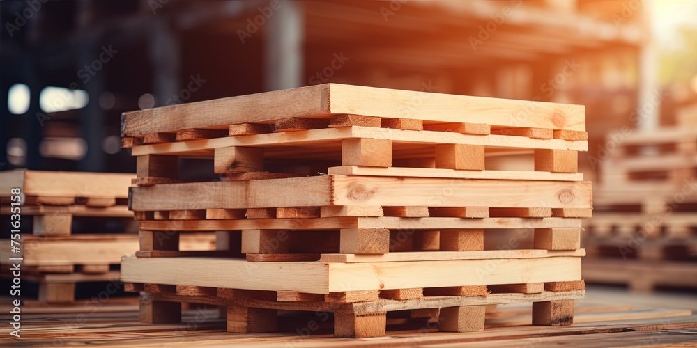 Stack of wooden pallet. Industrial wood pallet at factory warehouse. Cargo and shipping. Sustainability of supply chains. Eco-friendly and sustainable properties Stack of wooden pallet. Industrial wood pallet at factory warehouse. Cargo and shipping. Sustainability of supply chains. Eco-friendly and sustainable properties