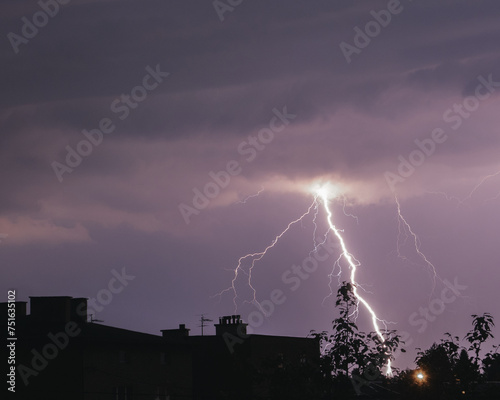 Photo of lightning and storm against the background of the night sky. Long exposure photo. 4K high resolution photo.