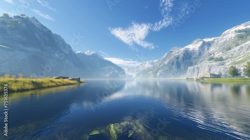 Rugged mountain terrain meeting a calm river under a spotless blue sky  creating a pristine natural panorama.