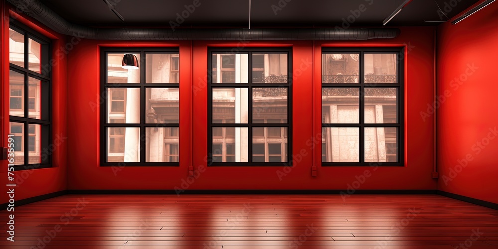 Red room with black window frames and white funaces. A vacant tenant space for small office, restaurants, and bars. wide format. Red room with black window frames and white funaces. A vacant tenant space for small office, restaurants, and bars. wide format.