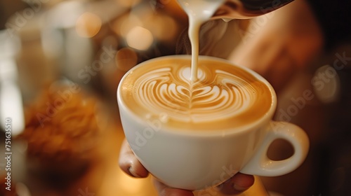 Barista making pouring stream milk with coffee latte art pattern heart shape