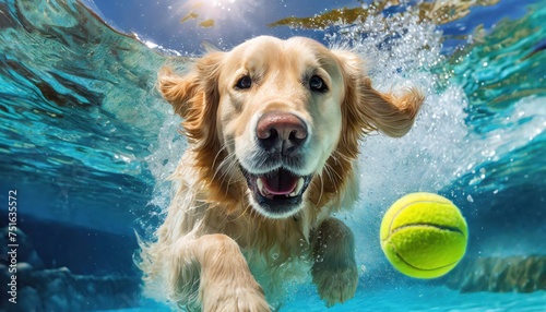 Gorgeous photo of a golden retriever catching a tennis ball underwater,